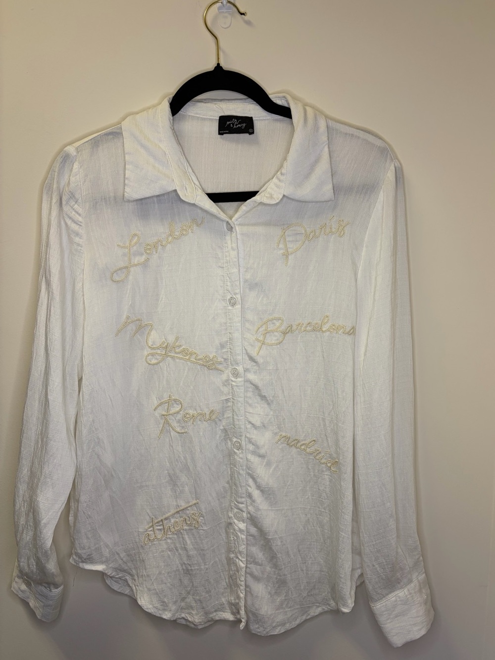 Milk & Honey—White & Cream Embroidered EU City Names Button Down Shirt—Small